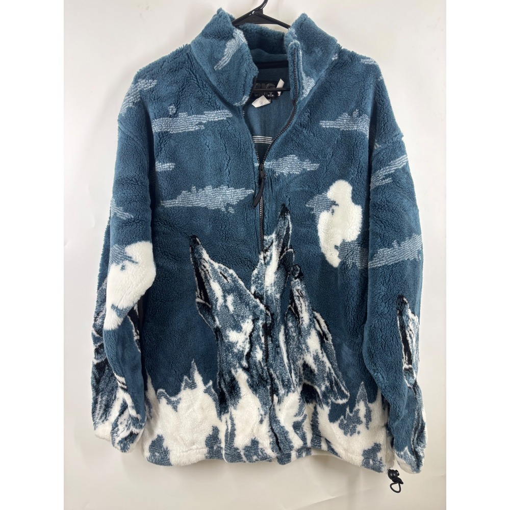 Big Chill Vintage Wolf Fleece Jacket Mens XL Blue Sherpa Full Zip Made in USA
